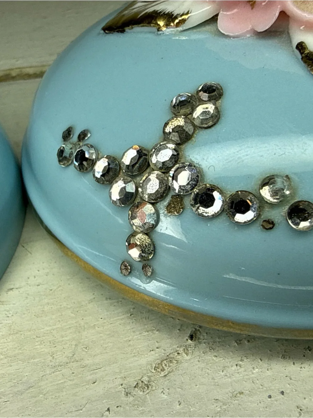 RARE VTG Lefton Blue Porcelain, Pink Floral Spray, Gold Tips & Rhinestone Accent